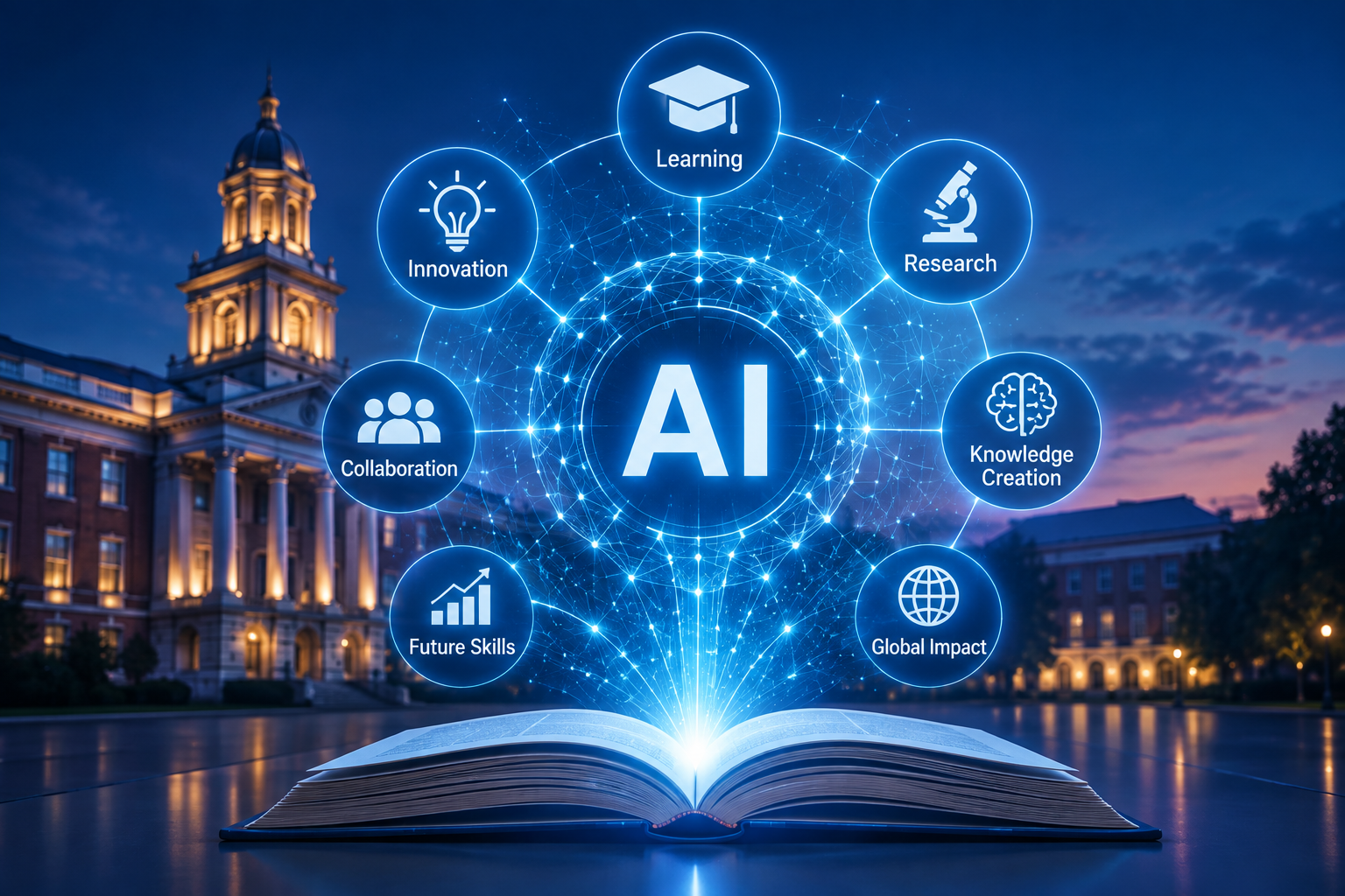 An open book radiating a network of AI learning, research, collaboration and knowledge-creation icons in front of a university campus