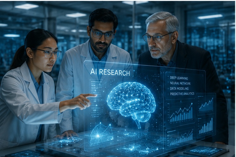 Researchers examining an AI research display